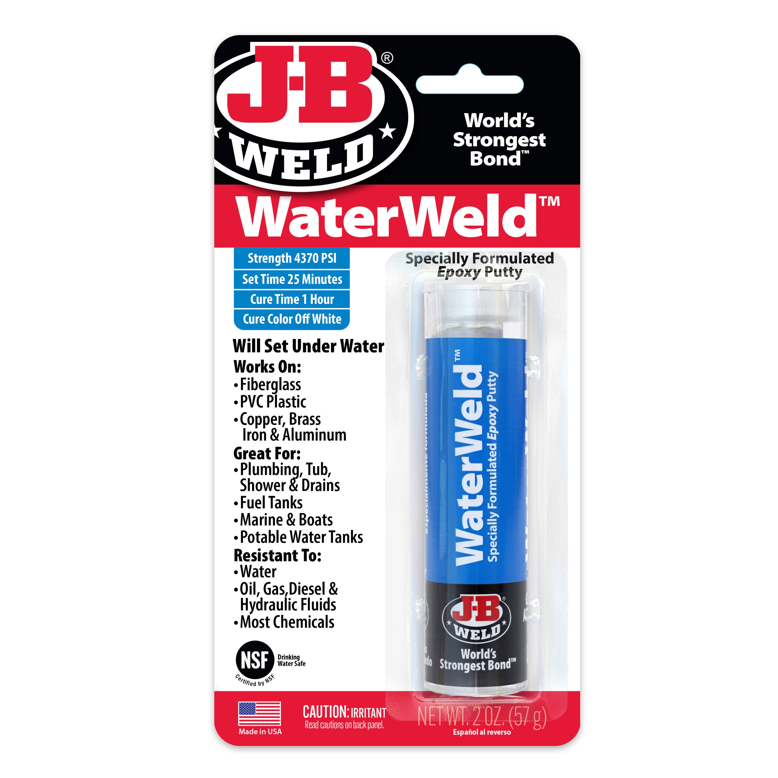 J-B WaterWeld™ Epoxy Putty - Specially Formulated Epoxy Putty for Plugging or Sealing Leaks In Water Tanks And Other Plumbing Repairs 2 oz SKU: 8277 J-B WaterWeld™ Epoxy Putty - Specially Formulated Epoxy Putty for Plugging or Sealing Leaks In Water Tanks And Other Plumbing Repairs 2 oz SKU: 8277
